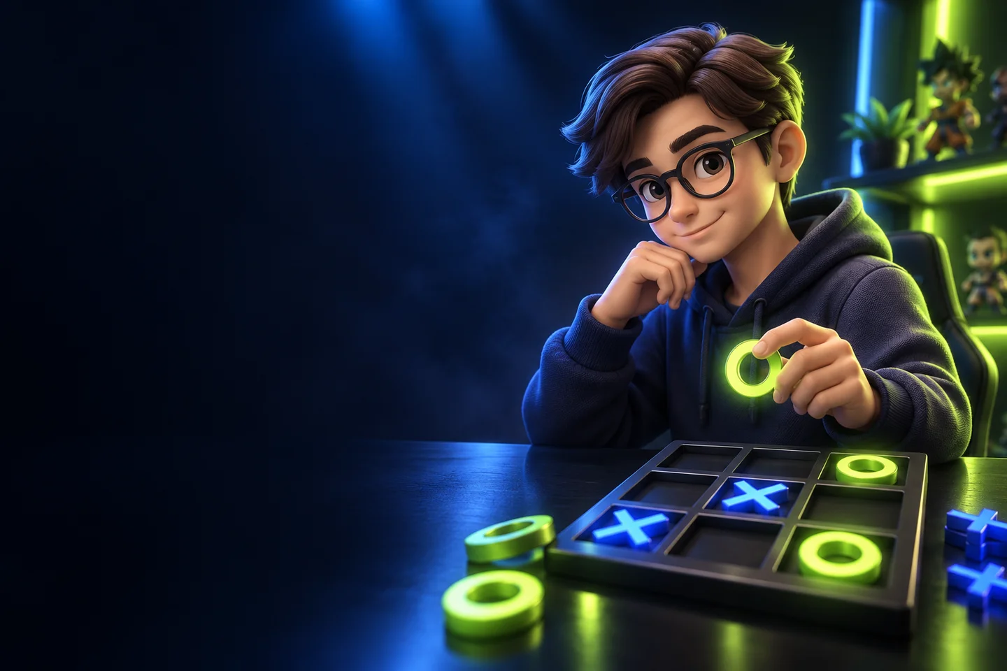 JEV, your glasses-wearing AI rival, waiting across a neon-lit game table